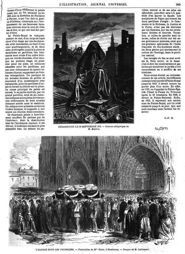 Strasbourg le 28 septembre 1870 : gravure allégorique de M. Matthis. L’Alsace sous les Prussiens : funérailles de M Riton, à Strasbourg.