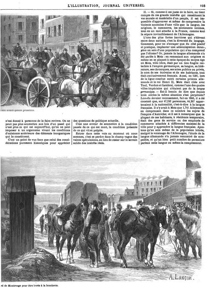 Paris: batterie d’artillerie conduite aux avant-postes prussiens; — Chevaux d’artillerie réformés amenés au boulevard de Montrouge pour être livrés à la boucherie.