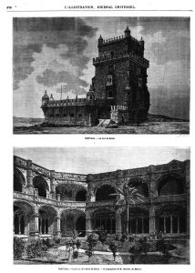 Portugal : la tour de Belem ; Gravure 1870 — Intérieur du cloître de Belem. Gravure 1870