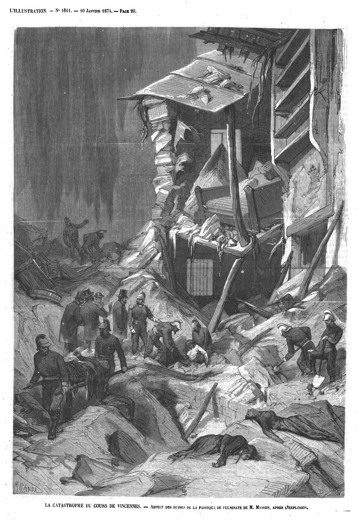 La catastrophe du cours de Vincennes : aspect des ruines de la fabrique de fulminate après l’explosion. 1874