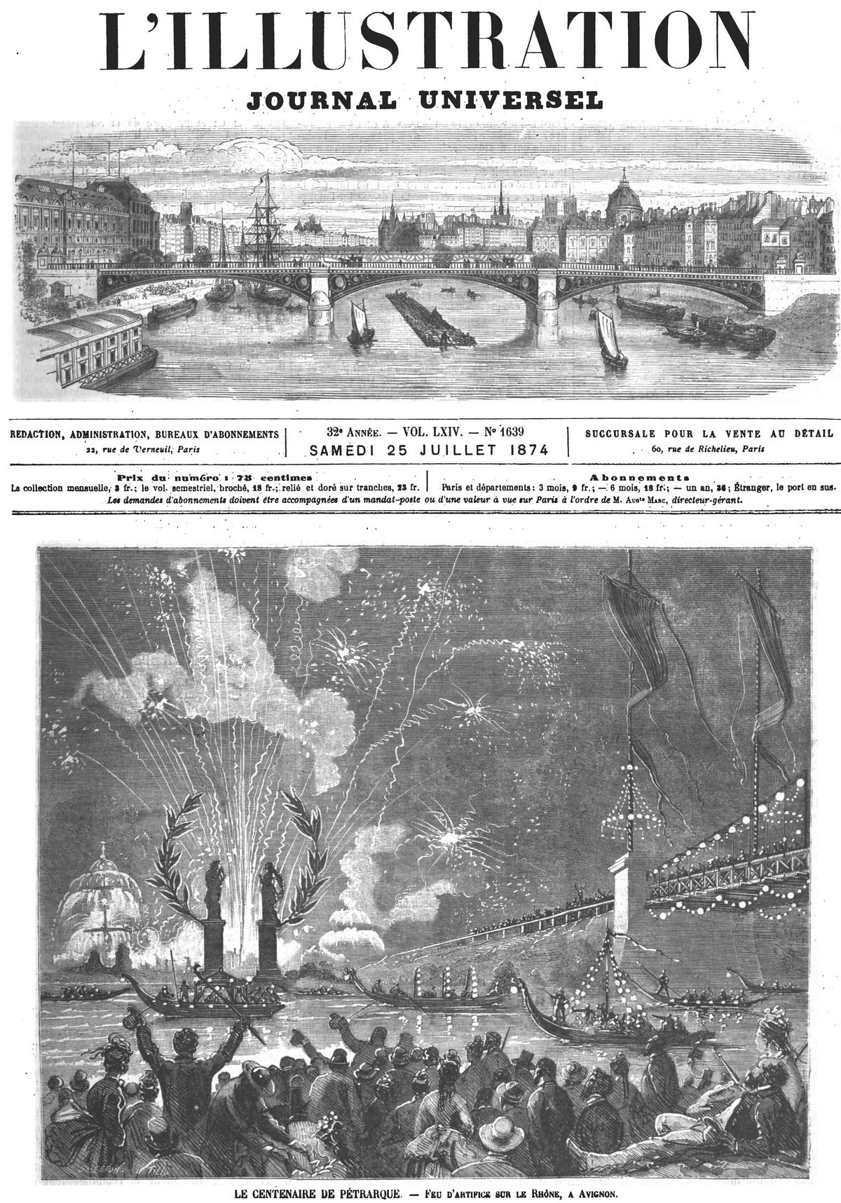 Le centenaire de Pétrarque : feu d’artifice sur le Rhône, à Avignon.