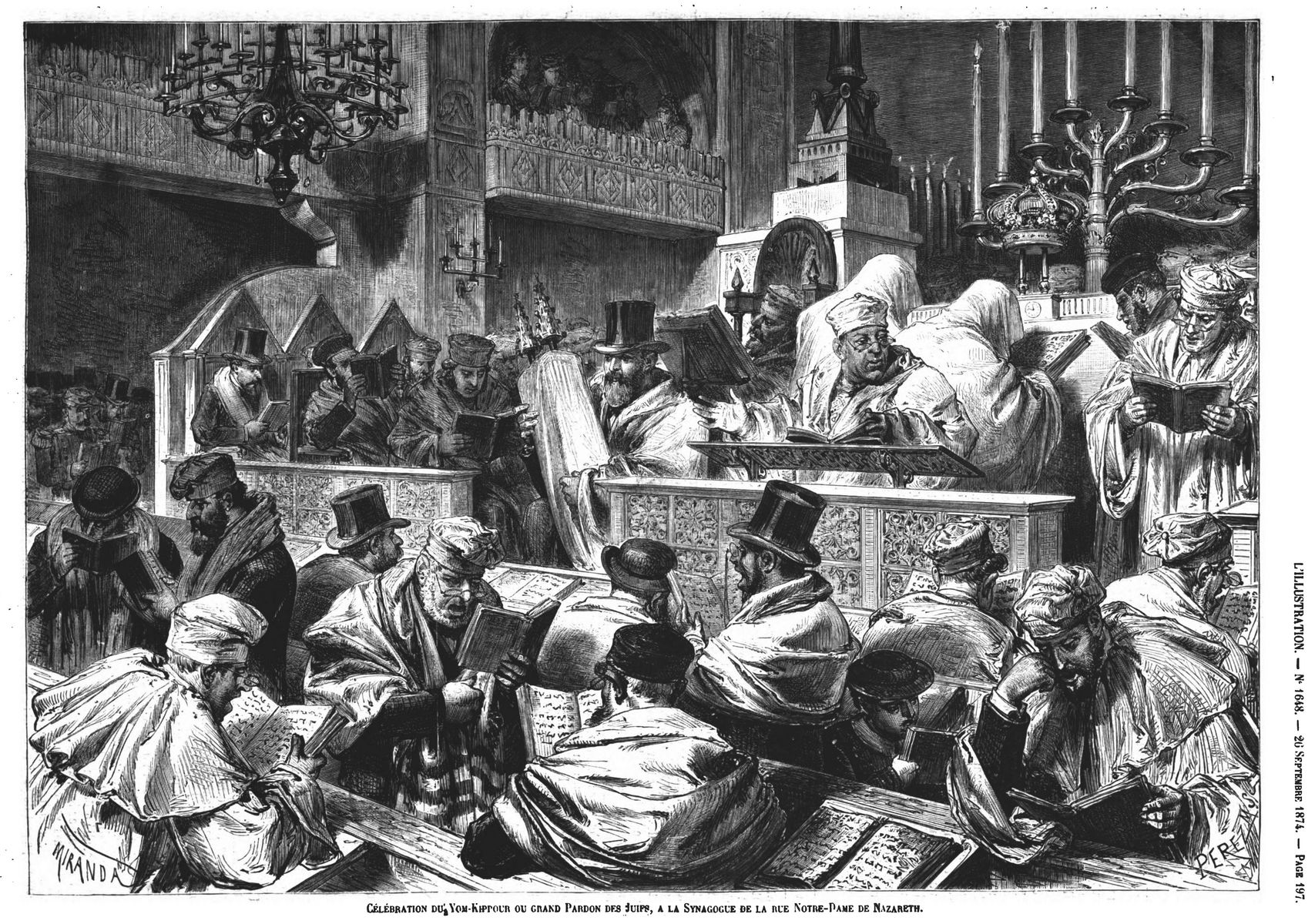 Célébration du yom Kippour, ou grand Pardon des Juifs, à la synagogue de la rue Notre-Dame-de-Nazareth. Gravure 1874