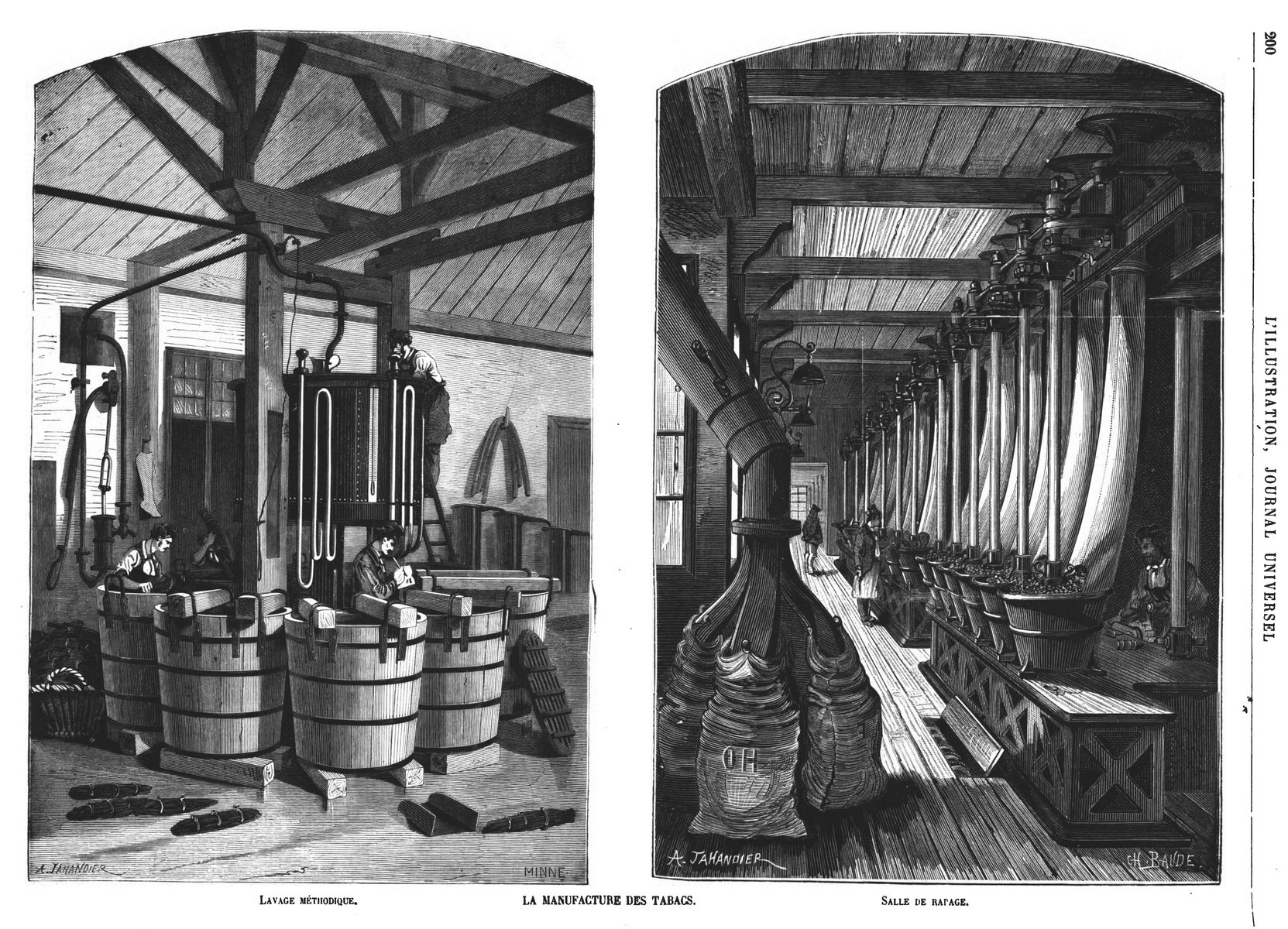 La Manufacture des tabacs : lavage méthodique ; Gravure 1874 — Salle de repassage ; — Presses de lavage. Gravure 1874