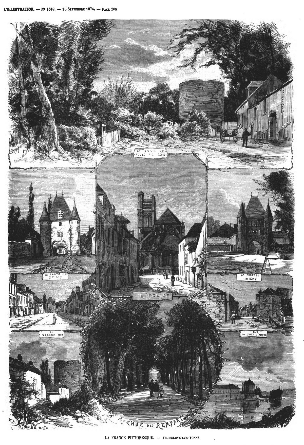 La France pittoresque : Villeneuve-sur-Yonne. Gravure 1874