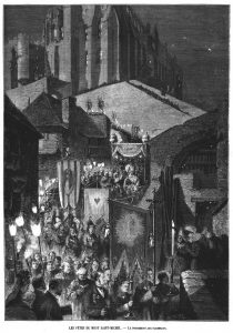 Les fêtes du mont Saint-Michel; Gravure 1874 — La procession aux flambeaux. Gravure 1874