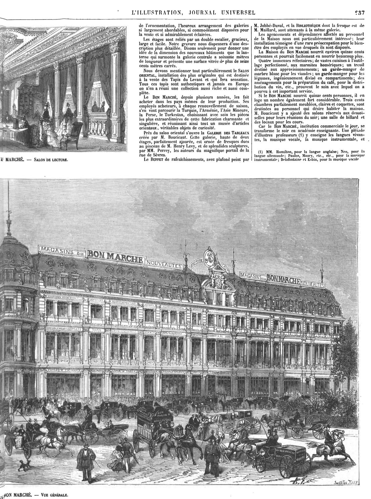 Grands magasins du Bon Marché : Salon de lecture; Gravure 1874 — Vue générale; Gravure 1874