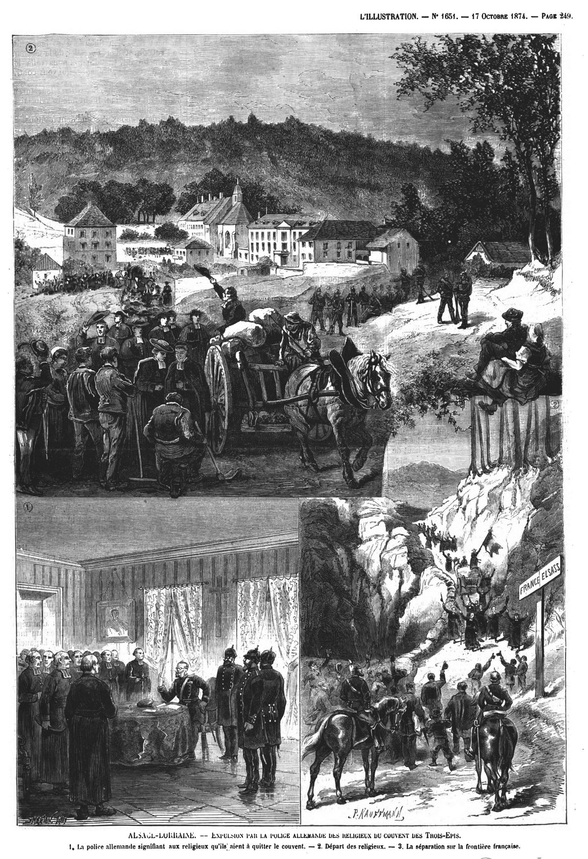 Alsace-Lorraine : expulsion par la police allemande des religieux du couvent des Trois-Épis. (gravure 1874)