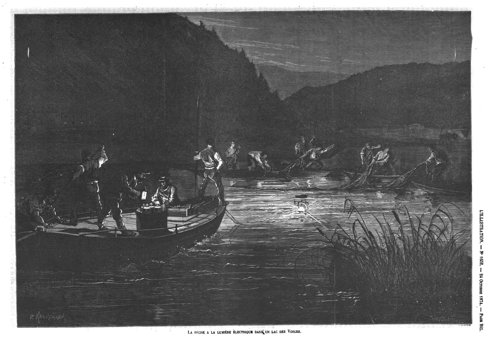 La pêche à la lumière électrique dans un lac des Vosges. Gravure 1874