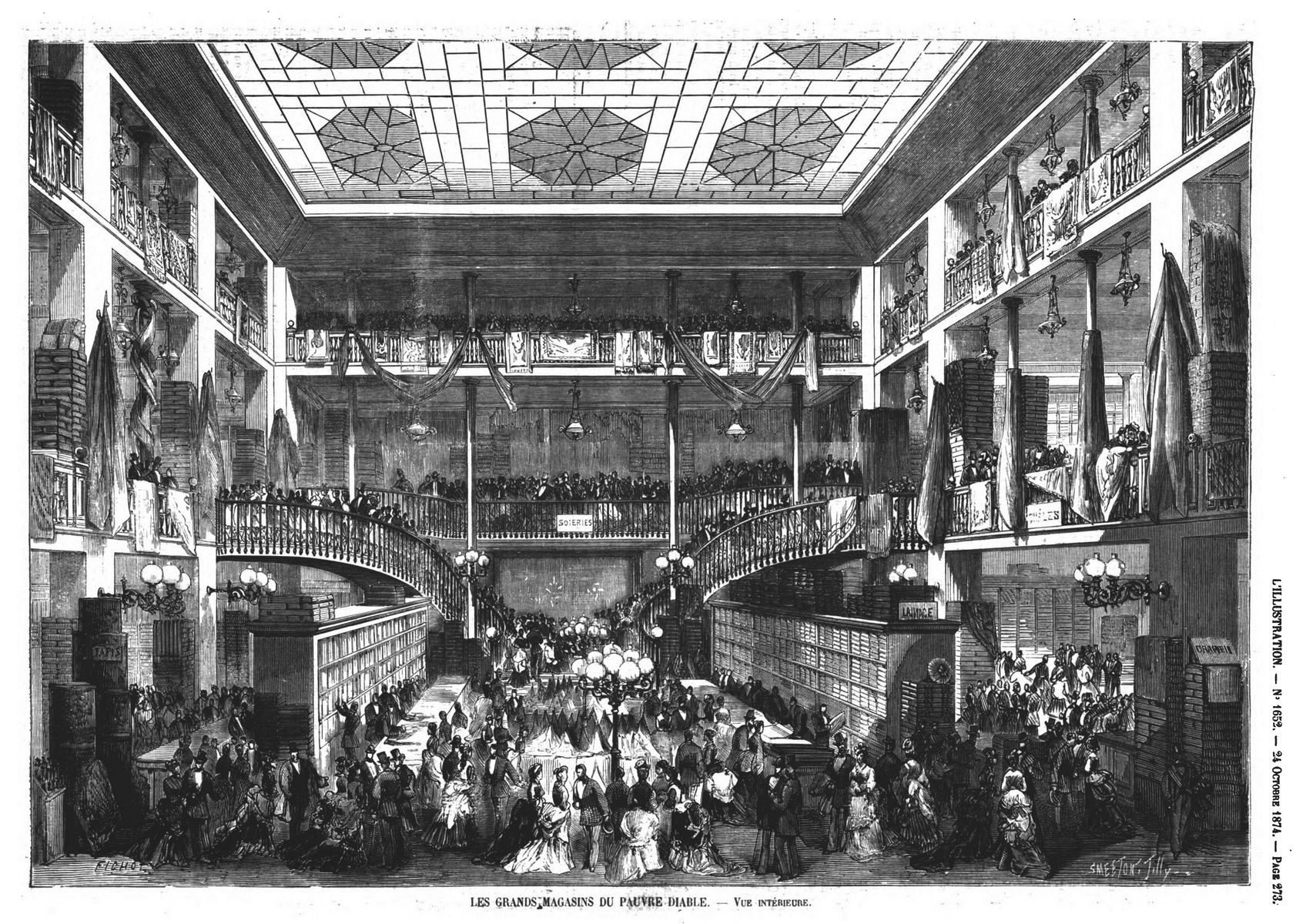 Les grands magasins du Pauvre Diable: vue intérieure. Gravure 1874