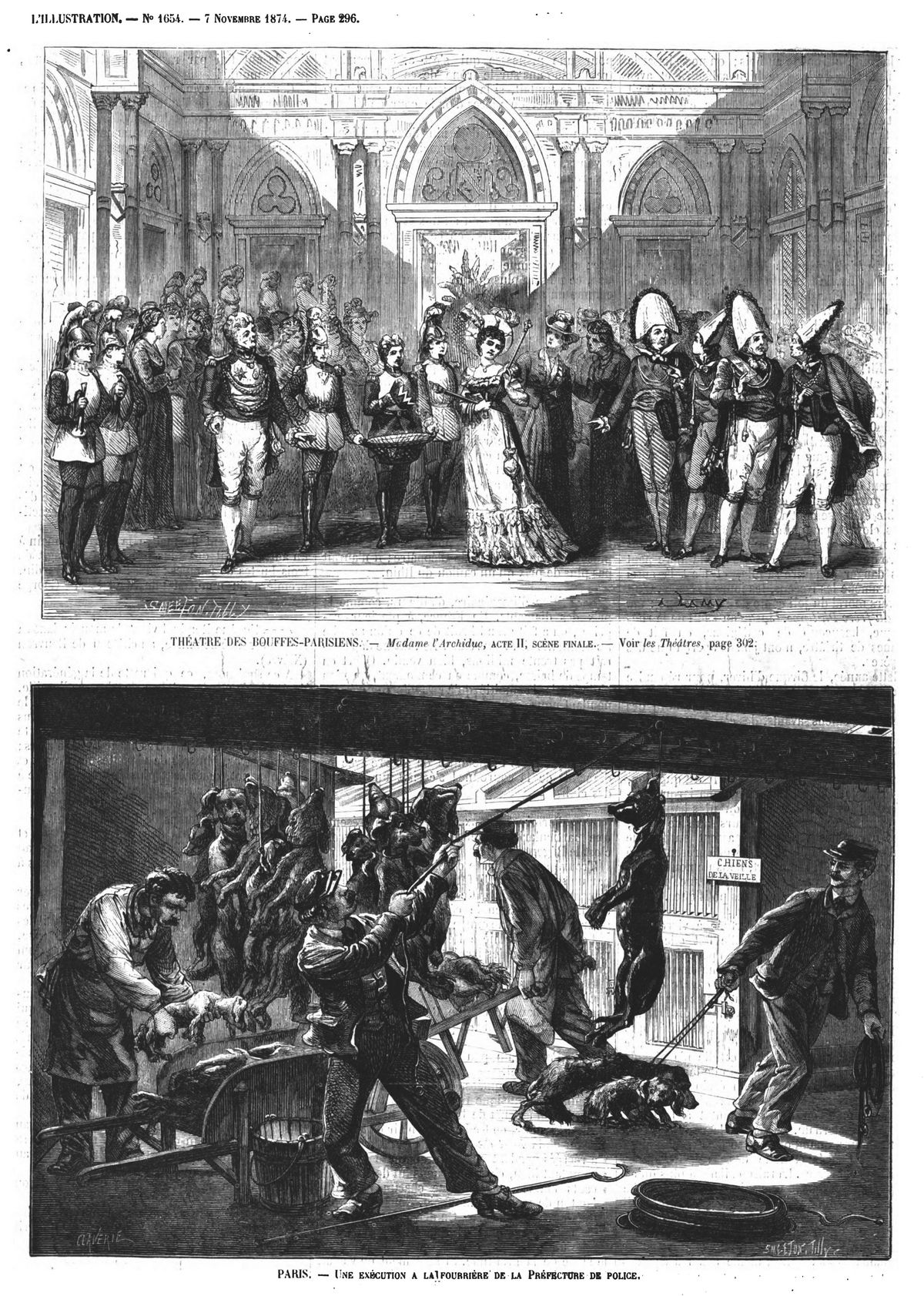 Théâtre des Bouffes-Parisiens. Gravure 1874 — Madame l’Archiduc. Gravure 1874 — Paris : une exécution à la fourrière de la Préfecture de police. Gravure 1874