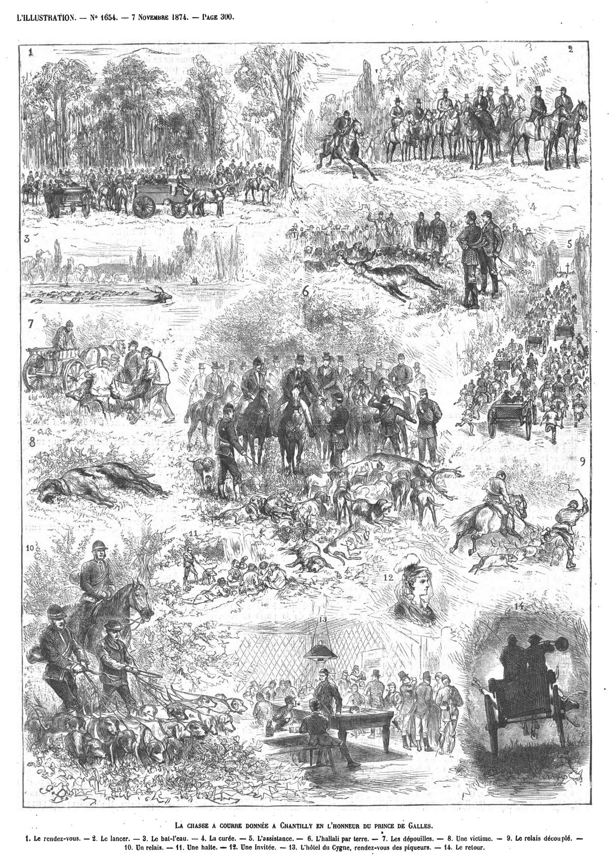 La chasse à courre donnée à Chantilly en l’honneur du prince de Galles. Gravure 1874