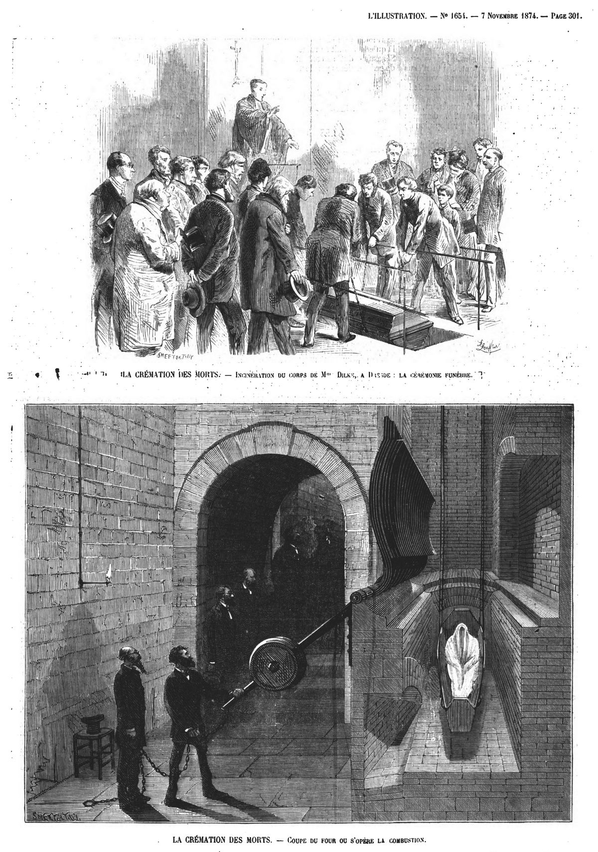 La crémation des morts ; incinération du corps de M. Dilke, à Dresde: la cérémonie funèbre. Gravure 1874