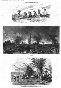 Les incendies d’Irun : les curieux regardant l’incendie; Gravure 1874 — L’incendie; Gravure 1874 — Un campement d’habitants réfugiés aux environs de la ville. Gravure 1874