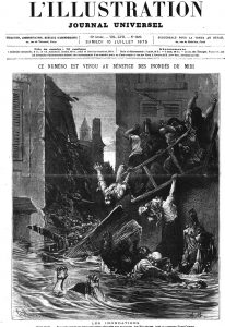 Les inondations: Toulouse : engloutissement de vingt personnes réfugiées sur un balcon, rue Réclusanne, faubourg de Saint-Cyprien; Gravure 1875