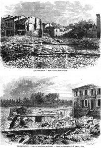 Agen : cours du Pont-de-Pierre; Gravure 1875 — Les bains Dalias, au Gravier; Gravure 1875