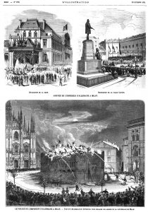 Décoration de la gare; 1875 — Décoration de la place Cavour; 1875 — Travaux de démolition entrepris pour dégager les abords de la cathédrale de Milan ; 1875
