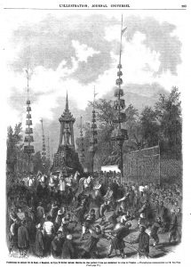 Funérailles du second roi de Siam, à Bangkok, du 9.au 20 février dernier. Marche du char portant l'urne qui renfermait le corps du Vangna. - Photographie communiquée Par M. Ten Prag.
