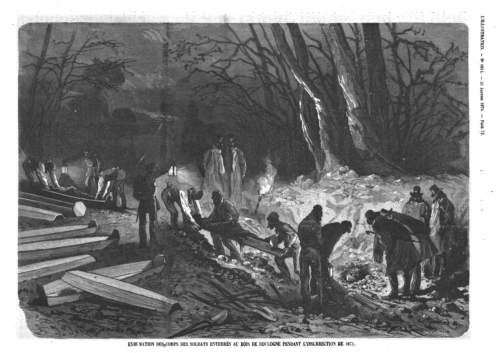 Exhumation des corps des soldats enterrés au bois de Boulogne pendant l’insurrection de 1871.
