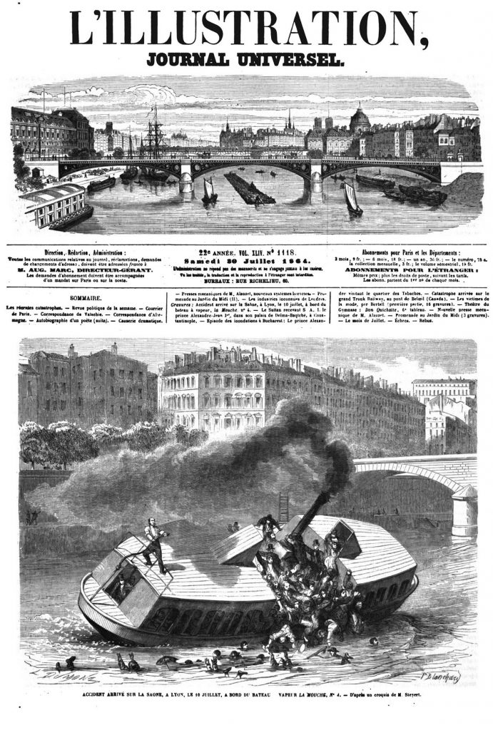 Accident arrivé sur la Saone, à Lyon, le 10 juillet, à bord du bateau à vapeur, la Mouche.
