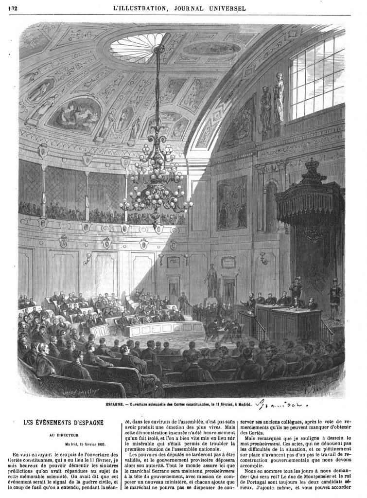 ESPAGNE. - Ouverture solennelle des Cortès constituantes, le 11 février, à Madrid 1869
