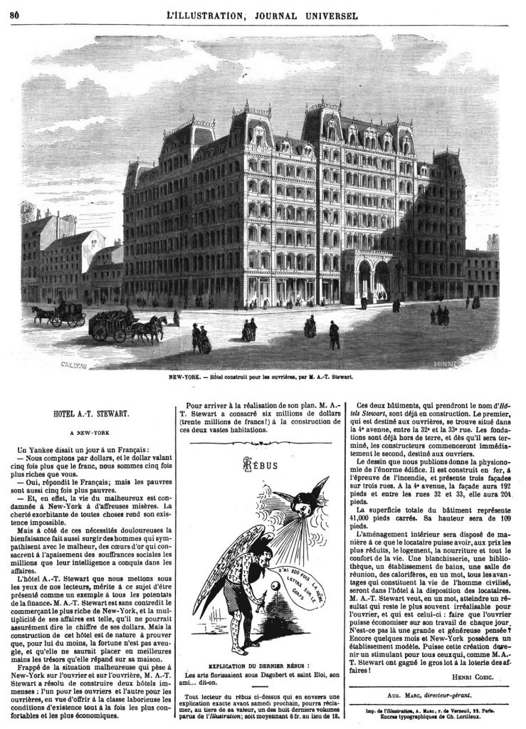 New-York : hôtel construit pour les ouvrières, par M. A.-T. Stewart.