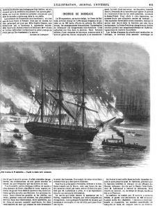 Bordeaux : Aspect général de l'incendie des bâtiments en rade, dans la soirée du 28 septembre. 1869