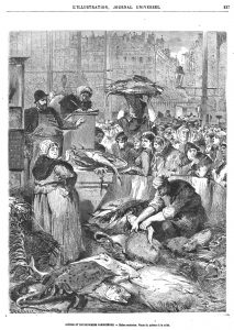 Scènes et Physionomies parisiennes : Halles centrales. Vente du poisson à la criée.1869