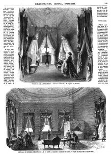 VOYAGE DE S. M. L'IMPÉRATRICE. — Cabinet de toilette de S. M. au palais de Ghesireh. LE PALAIs DE GHESIREH, RESIDENCE DE s. M. AU CAIRE. - Chambre à coucher de Sa Majesté. - D'après les croquis de M. Auguste Marc, 1869